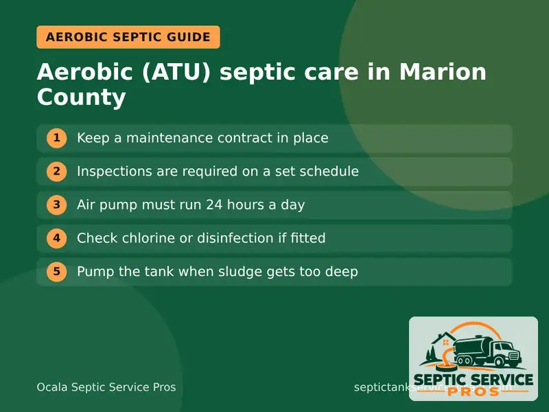 Graphic with an aerobic septic system maintenance checklist for Ocala homes
