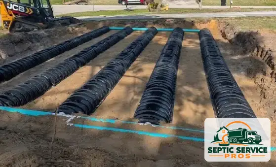 New chamber drain field rows laid in sand before backfill on a drain field replacement