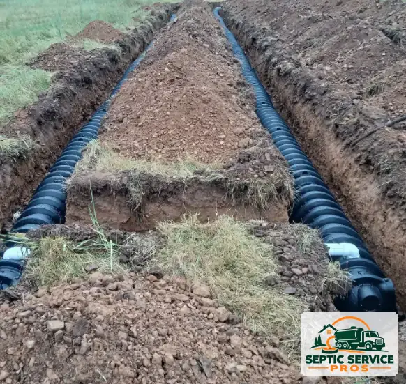 Two drain field trenches with plastic chambers laid during a drain field repair