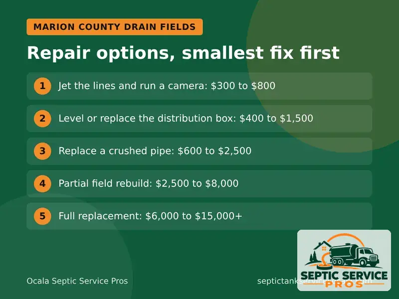Chart comparing drain field jetting, rejuvenation, partial rebuild and replacement in Marion County