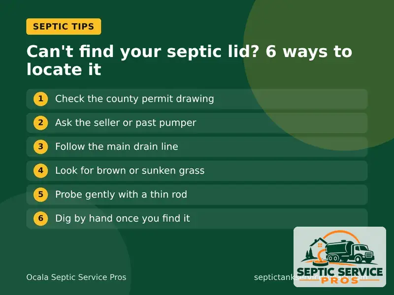 Graphic with six ways to find a buried septic tank lid in a Marion County yard