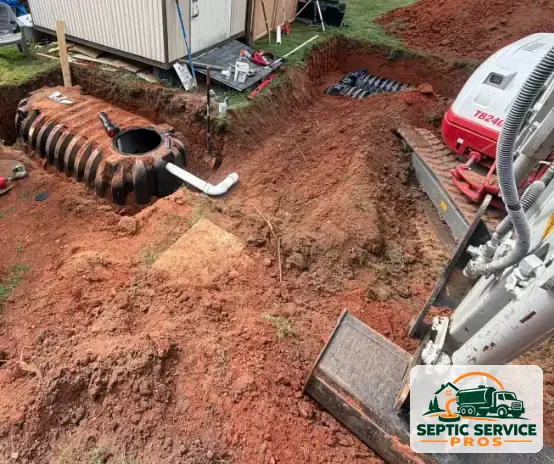 Plastic septic tank being set in a trench with a mini excavator during a septic install