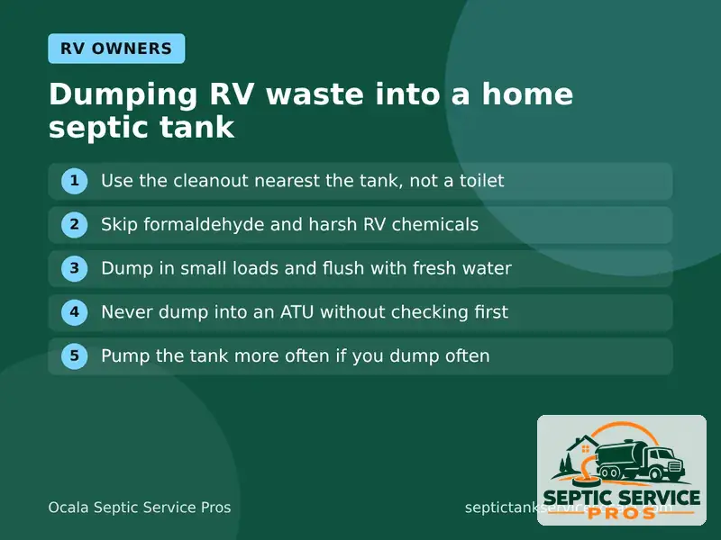 Graphic with 5 rules for dumping RV waste into a home septic tank in Ocala