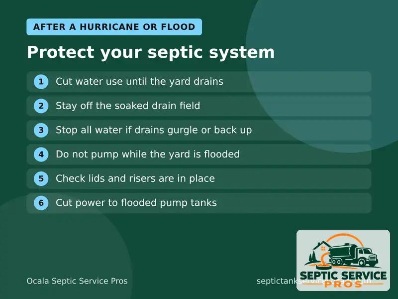 Graphic with steps to protect a septic system after a hurricane or flood in Ocala