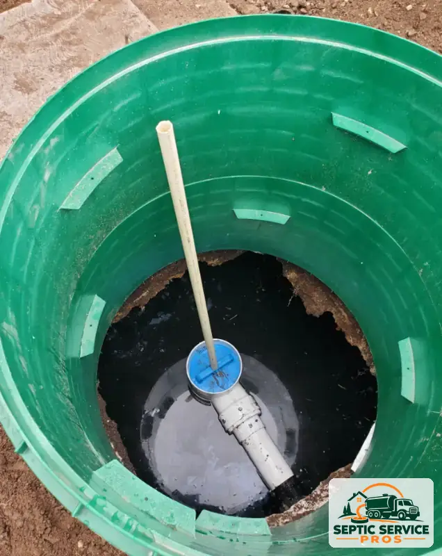 Septic effluent filter and outlet tee seen through a new green riser
