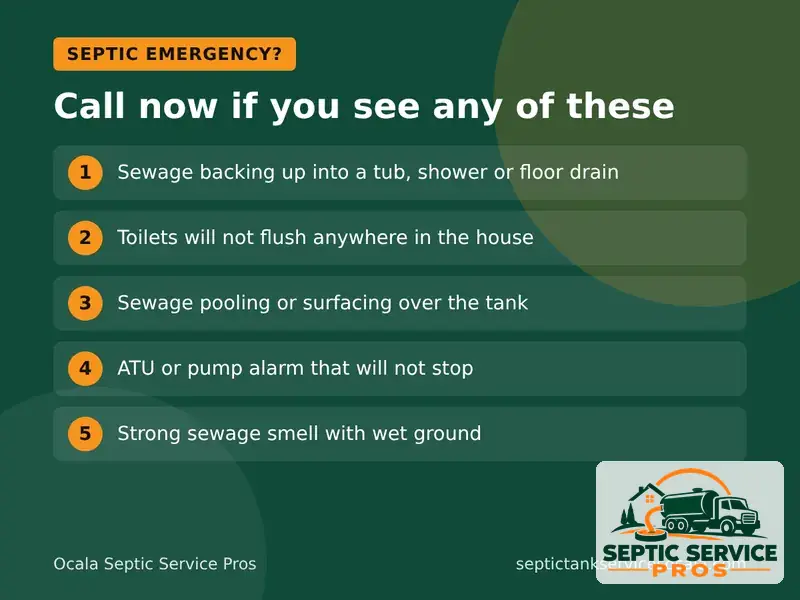 Graphic listing 5 signs of a septic emergency that need a call right away in Ocala
