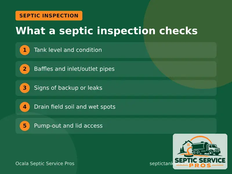 Graphic listing what a septic inspection checks in Ocala, from tank level to the drain field