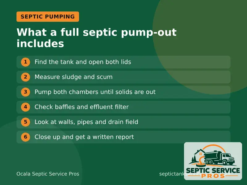 Graphic listing the steps of a septic pump-out in Ocala, from finding the lid to the written report