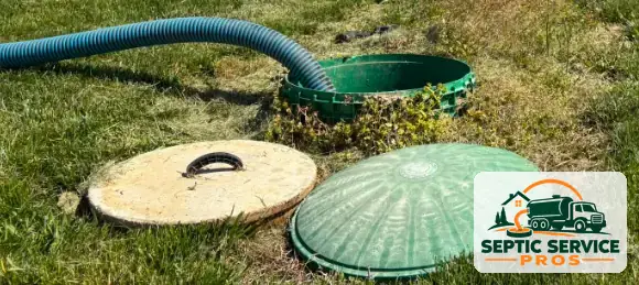 Septic riser lids opened with a pump hose in place for a pump-out