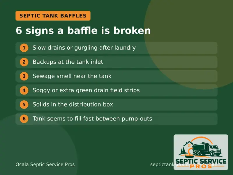 Graphic listing warning signs of a broken septic tank baffle in Ocala