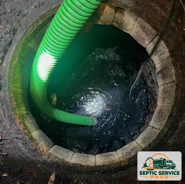 Vacuum hose lowered into an open round septic tank during a pump-out