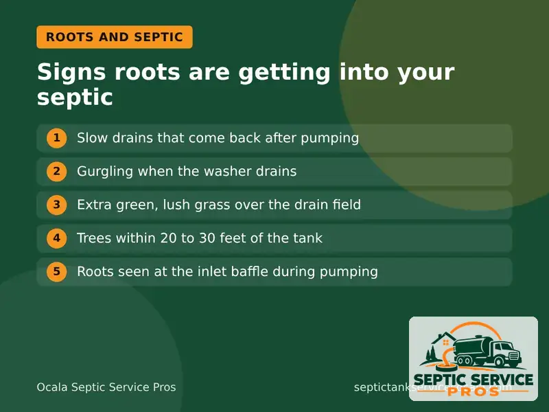 Graphic listing 5 signs tree roots are getting into a septic system in Ocala